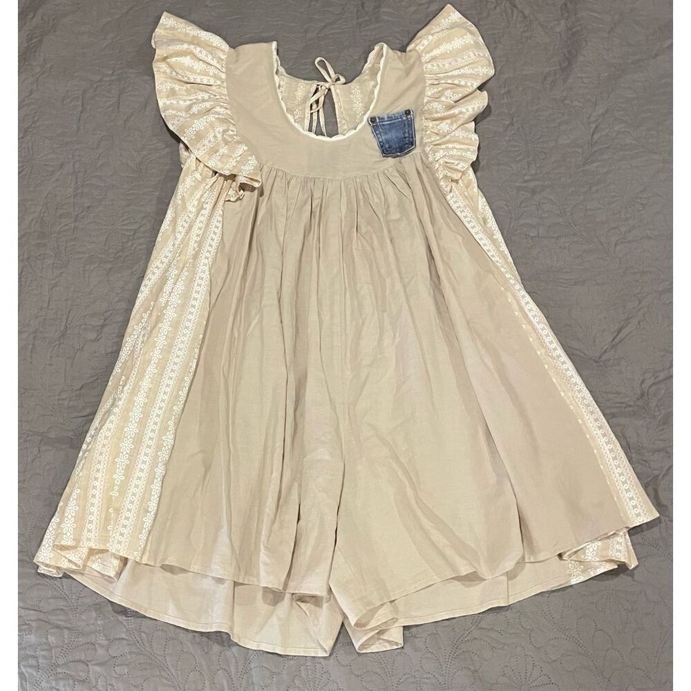 Feelin Groovy Upcycled Tan Cream Western Romper Pockets Large Cowgirl